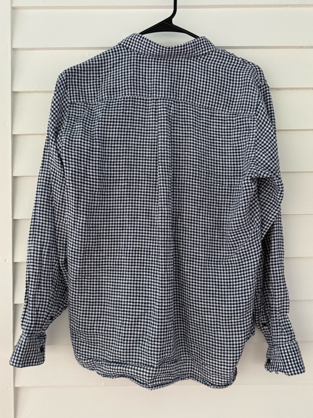 Uniqlo | 100% Linen Navy White Gingham Button Down Shirt Medium - Picture 2 of 8